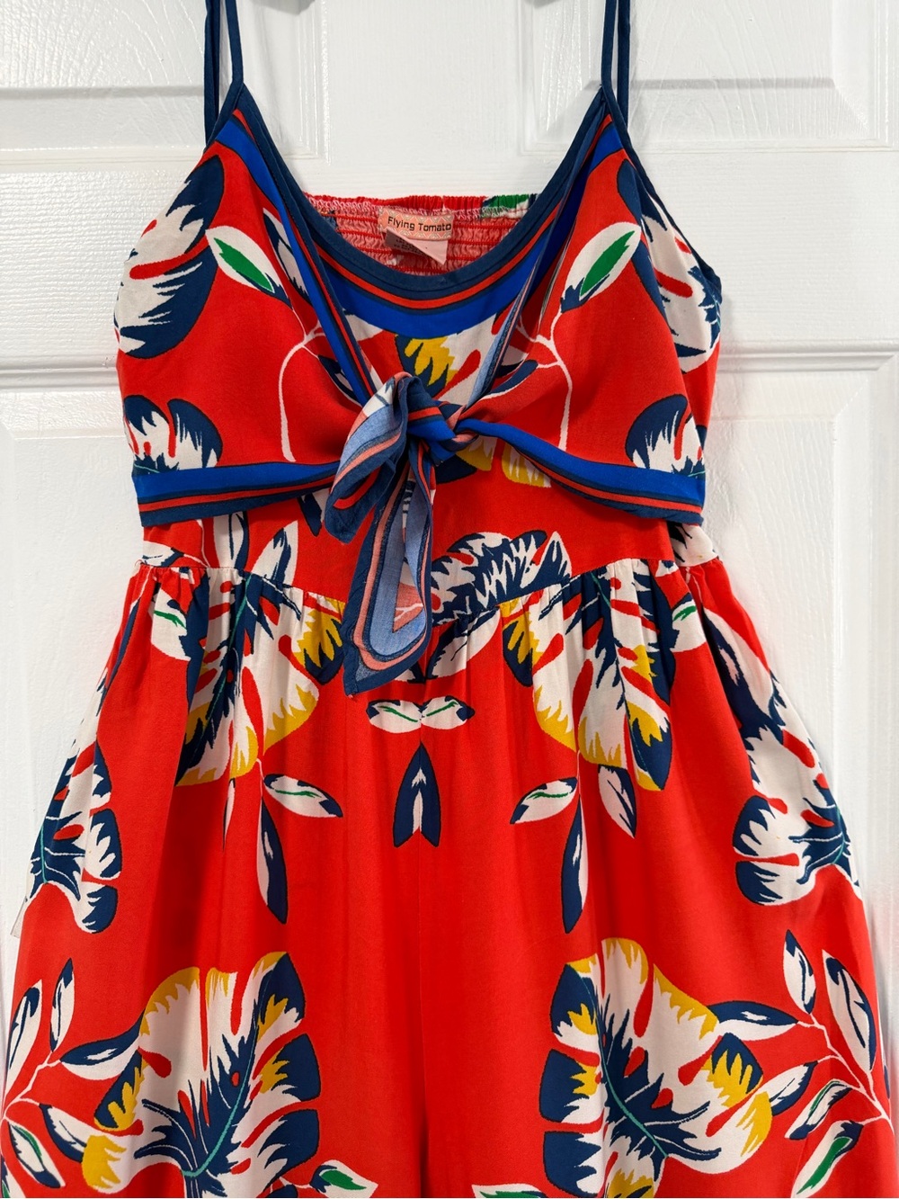 Flying Tomato Tropical Floral Wide Leg Jumpsuit Large Cutout Tie Front Red Boho - Picture 2 of 11